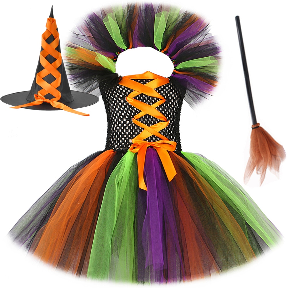 Witch Halloween Costume for Kids Girls Fancy Tutu Dress Vestido Hat Broom Children Purim Carnival Party Cosplay Dress Up Outfits