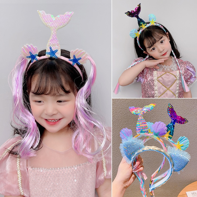 New Fashion Kids Mermaid Hair Hoop Wig Braid Elastic Hair Bands Cartoon Princess Headwear Girls Kids Hair Accessories