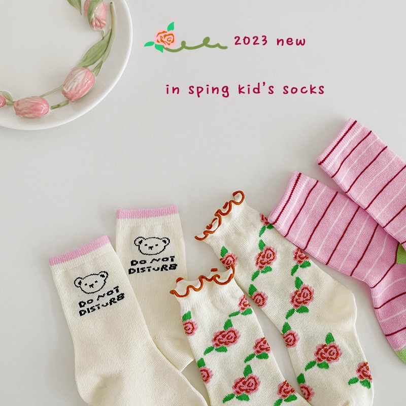 3 Pairs Girls Socks Spring Newest Cotton Socks Kids Calf Length Sweet Flowers Stripe Pattern Sock For Children Boys Sport Socks