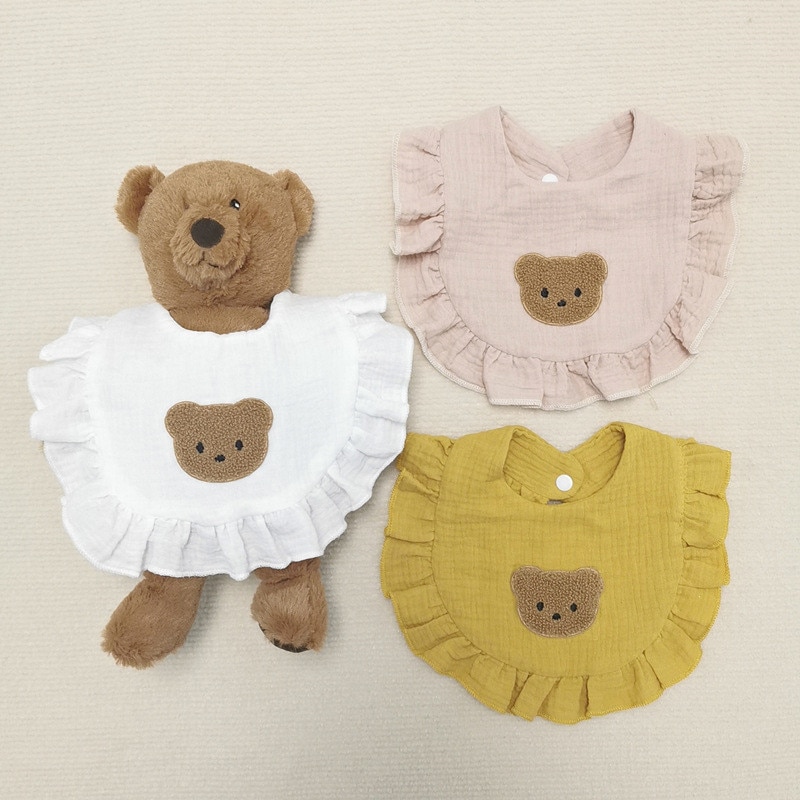 Korean Style Baby Feeding Bibs Cotton Cartoon Bear Print Infants Saliva Towel Newborn Toddler Soft Burp Cloth Baby Accessories