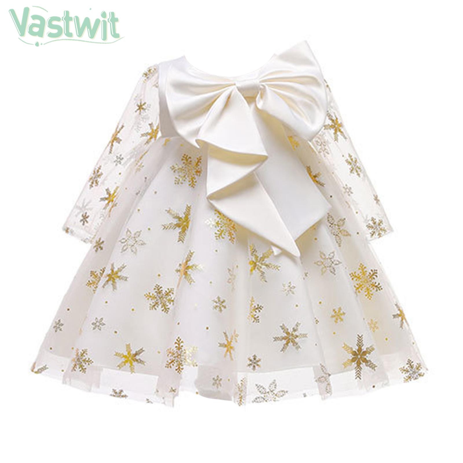 Children Girls Long Sleeve Party Dress Cute Big Bowknot Snowflake Tutu Princess Dress Wedding Prom Christening Birthday Gown