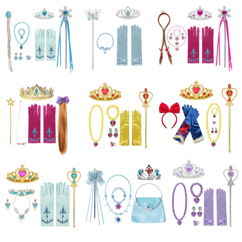 Disney Frozen Elsa Anna Accessories Gloves Wand Crown Jewelry Set Ariel Wig Braid For Princess Dress Clothes Cosplay Accessories