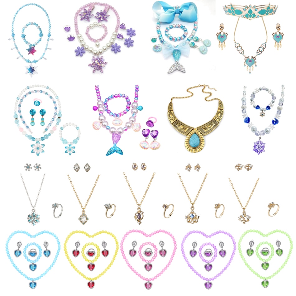 Frozen Girls Anna Elsa Accessories Mermaid Ariel Jasmine Necklace Jewelry Sets for Princess Dress Cosplay Snow Queen Accessories