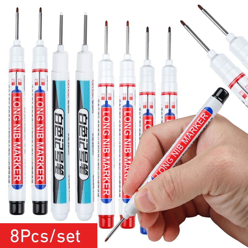 8Pcs/Set 20mm Deep Hole Long Nib Head Markers For Metal Perforating Pen Waterproof Bathroom Woodworking Decoration Multi-Purpose