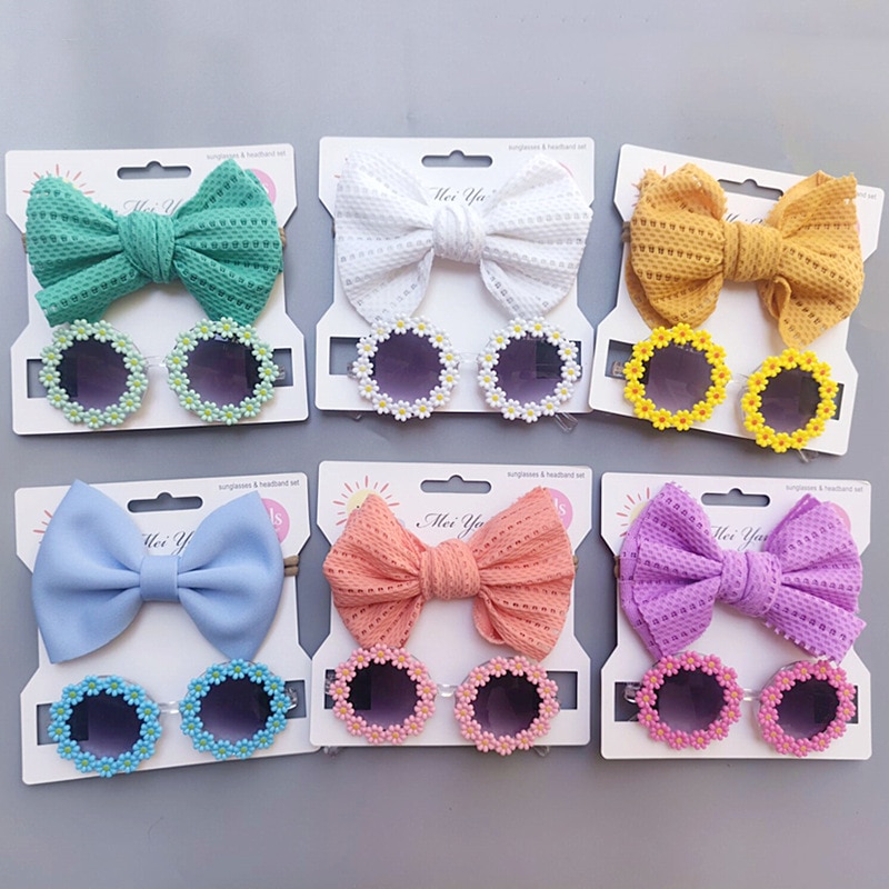 Baby Girls Hair Accessories Fashion Sun Flower Sunglasses Bow Hairband Set Newborn Head Bands Summer Beach Photography Props