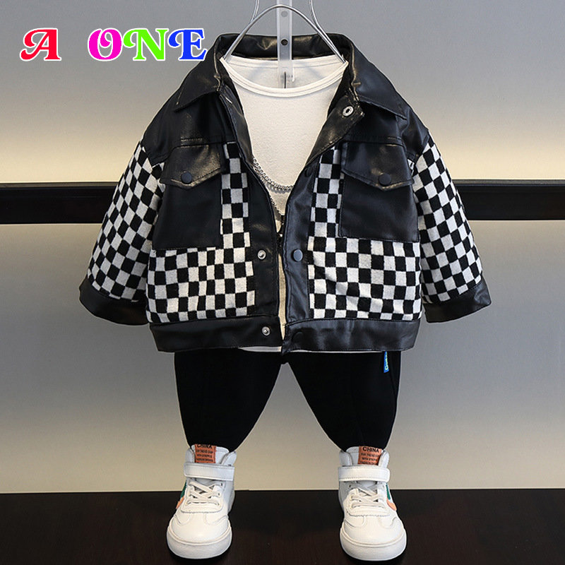 winter toddler boys down kids coat baby jacket fashion PU plaid velvet boys coat baby clothes baby parkas 2-10y