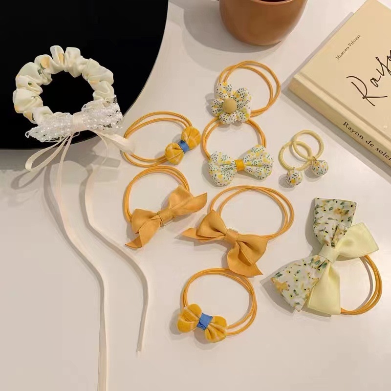 10Pcs/set Kawaii Princess Hair Rope Tie Weaving Headwear Girls Bow Rubber Elastic Hair Bands Headband for Children Accessories