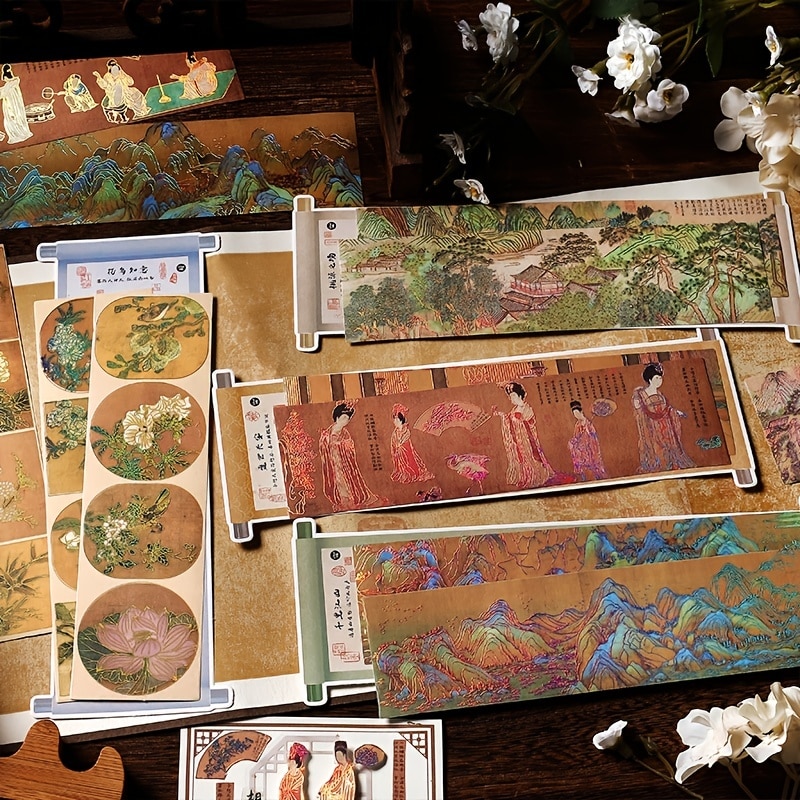 MOHAMM 3 Sheets Traditional Chinese Painting Stickers Vintage Scenery Washi Paper Stickers Set for Scrapbook Journaling