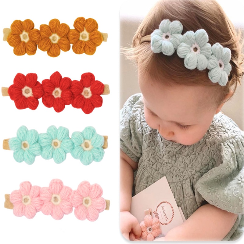 Woolen Knitting Headband Hairpins Kawaii Flower Decor Headwraps for Children Girls Hair Accessories Newborn Photography Hearwear