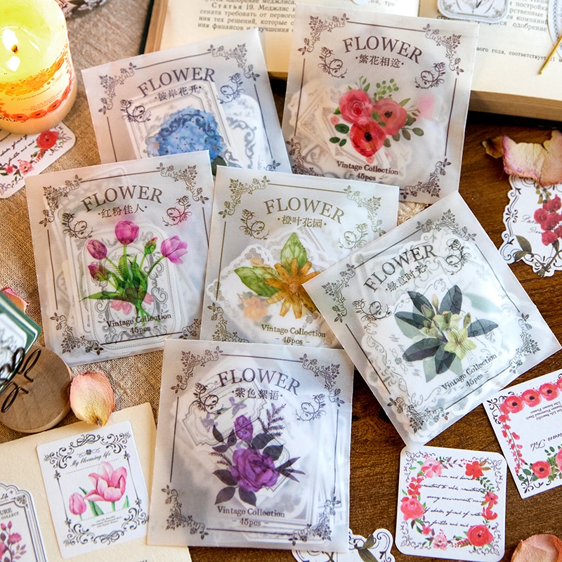 45Pieces Stickers Pink fresh Beauty Plant Material Flower collage sticker Scrapbooking Packing Art Account decoration Handbook