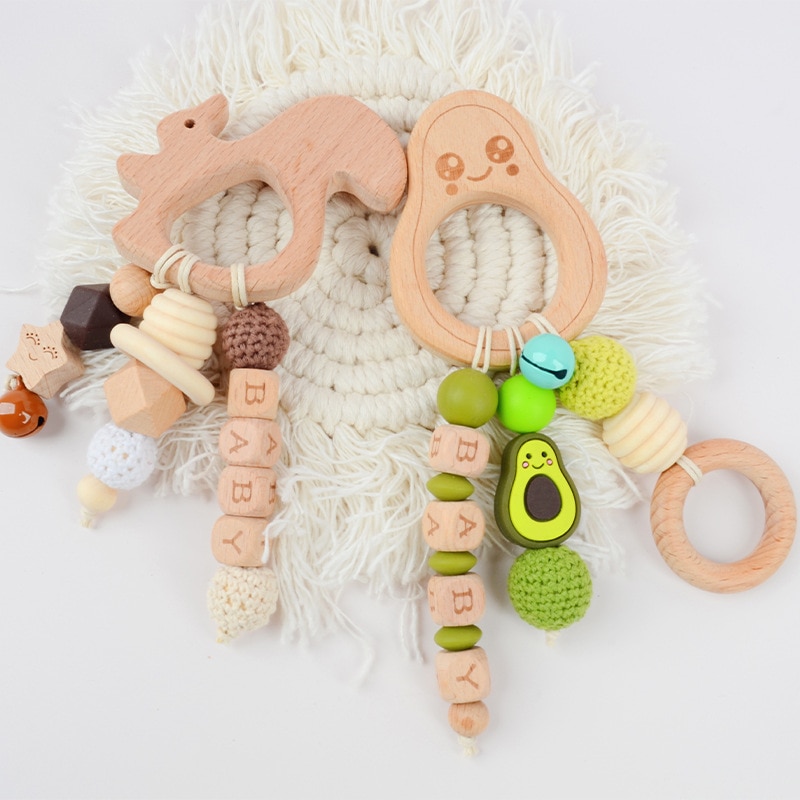 Baby Teethers Personalized Name Wooden Cartoon Crochet Squirrel Silicone Newborn Soother Teething Toys Accessories Custom Gift