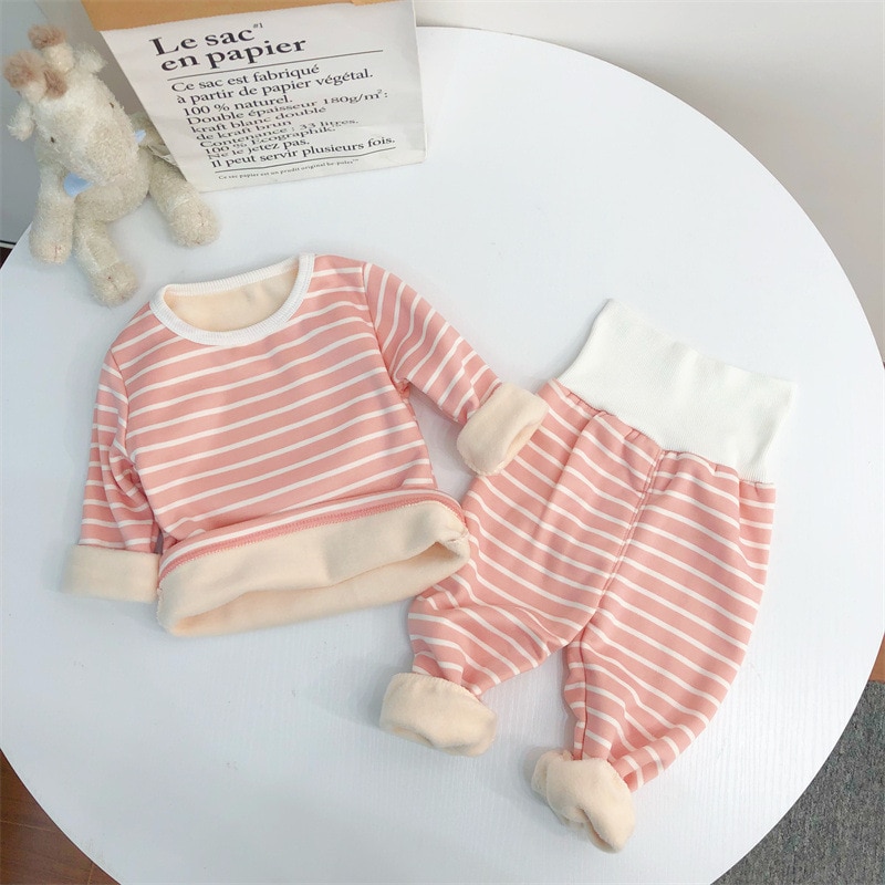 New Winter Children Plush Suit Simple High Waist Warm Stripe Boys' Girls' Pajamas 2pcs/set Fashion Outfit Kids Baby Ho