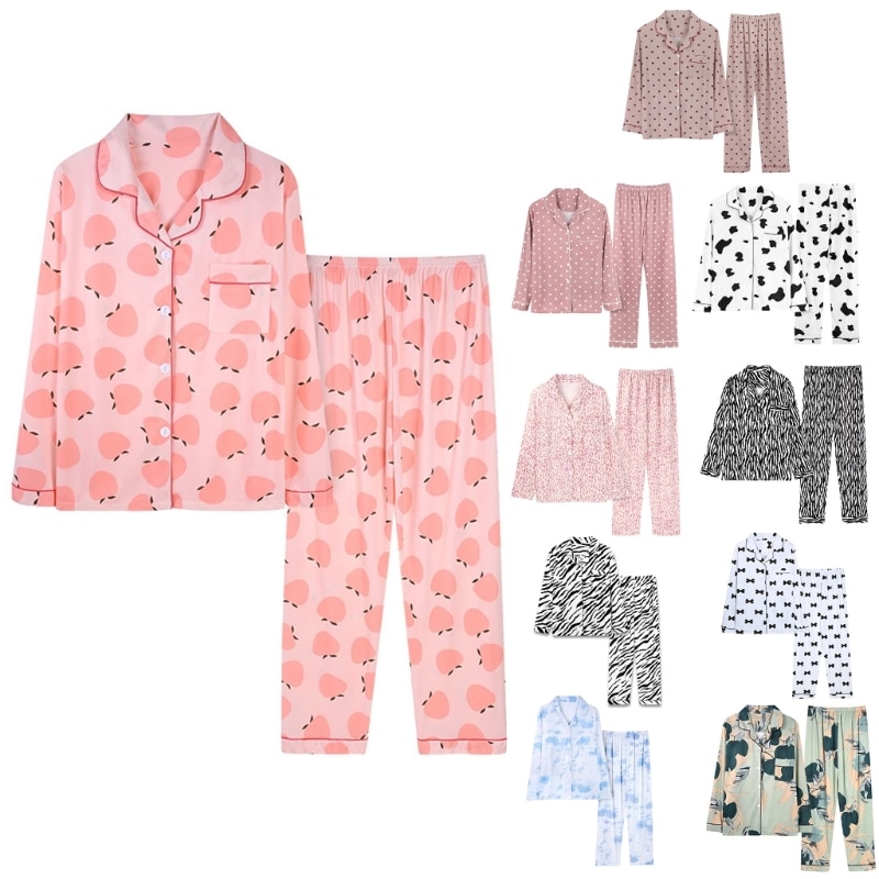 Women Pajamas Set Colorful Print Long Sleeve Button Down Top and Pants Sleepwear F3MD