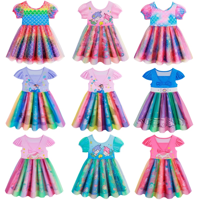 Summer Girl Rainbow Tulle Cartoon Princess Dress Holiday Kids Backless Puff Sleeve Elsa Unicorn Ariel Encanto Party Ball Gowns