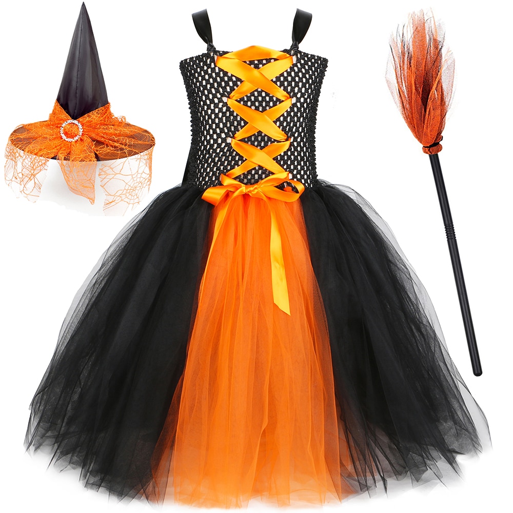 Girls Witch Halloween Costume for Kids Carnival Party Dresses Clothes Orange Black Evil Queen Tutu Dress Outfits with Hat Broom