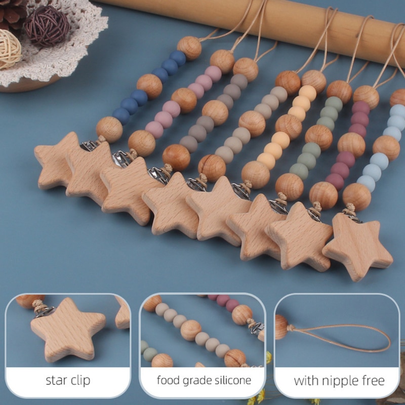 Wooden Baby Toy Gift Pacifier Clip Chian Holder Wooden Bead Teether Toy For Baby Chew Rattles Mobiles Newborn Nursing Gifts