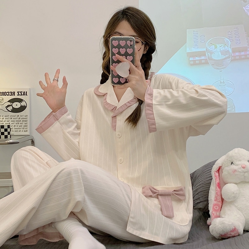 2023 Spring Autumn Long Sleeve Cotton Pajama Sets for Women Korean Cute Sleepwear Suit Pyjama Homewear Pijama Mujer Home Clothes