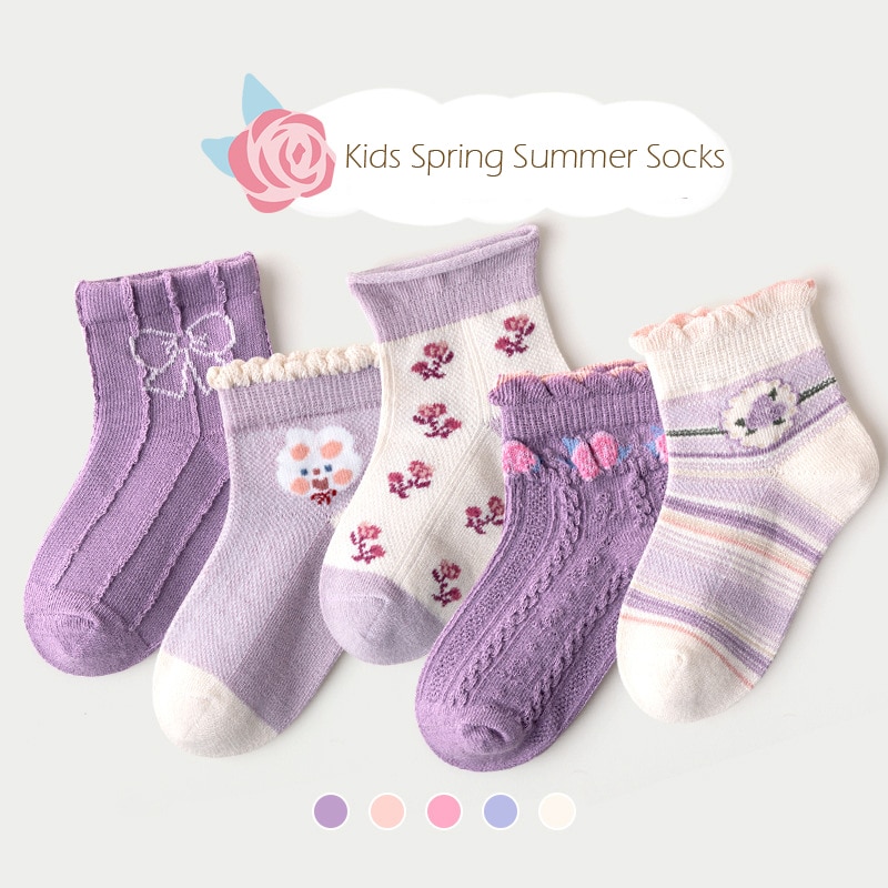 MLiu Children Socks Spring Summer Short Socks Girls Crew Socks Kids 5 Pairs Cute Princess Lace Sock