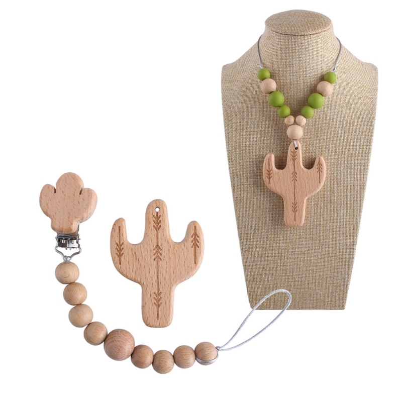 Baby Wooden Teether Silicone Bead Teething Necklace Newborn Pacifier Chain Clips