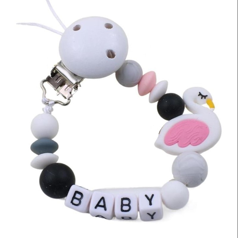 Handmade Personalized Name Baby Pacifier Clips Silicone Goose Safe Teething Chain Infant Teether Eco-friendly Dummy Holder