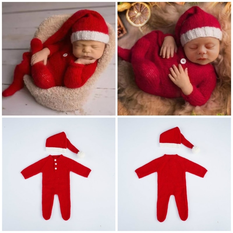 Newborn Baby Photo Props Infant Christmas Hat and Jumpsuit Outfit Santa Claus Crochet Photography Clothing Accessories A2UB