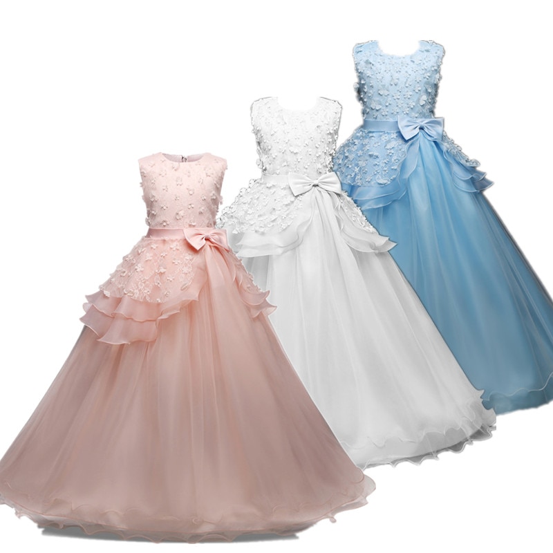 Wedding Dress for Girl Elegant Kids Flower Bow Princess Dresses for Birthday Party 6-14T Children Formal Evening Gala Long Gown