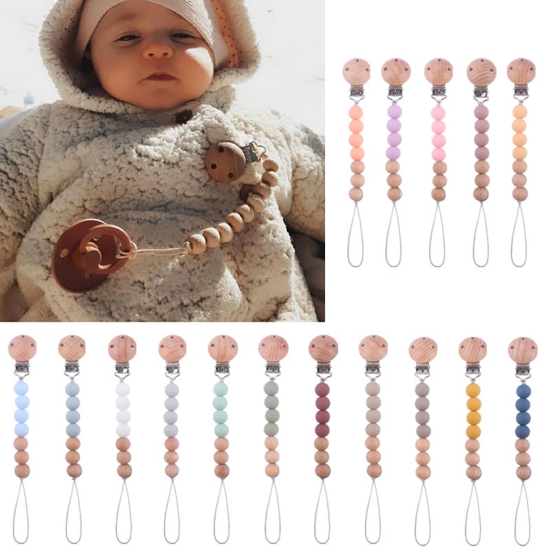 Round Hole Clip Pacifier Chain Wood Chew Beads Pacifier Clips Dummy Chain Holder Cute Soother Chains Baby Teething Toy Baby Chew