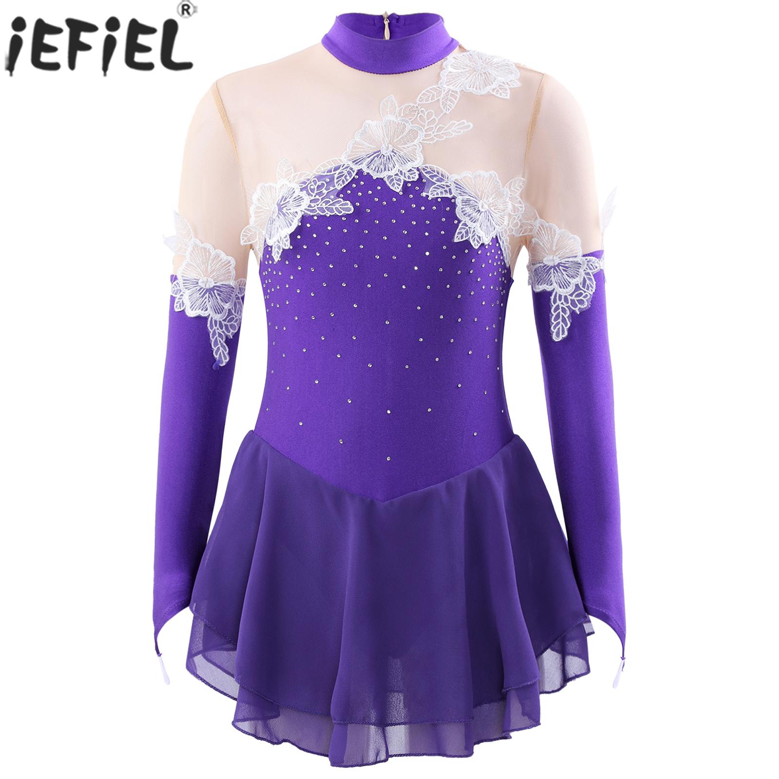 Girls Figure Skating Dance Performance Dress Ballet Gymnastic Leotard Tutu Long Sleeve Sheer Mesh Shiny Rhinestone Dancewear