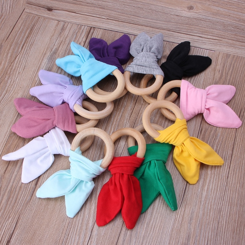 Baby Teething Ring Chewie Teether Sensory Toy Teething Safety Wooden Natural Cotton Gauze Bunny Sensory Toy Gift