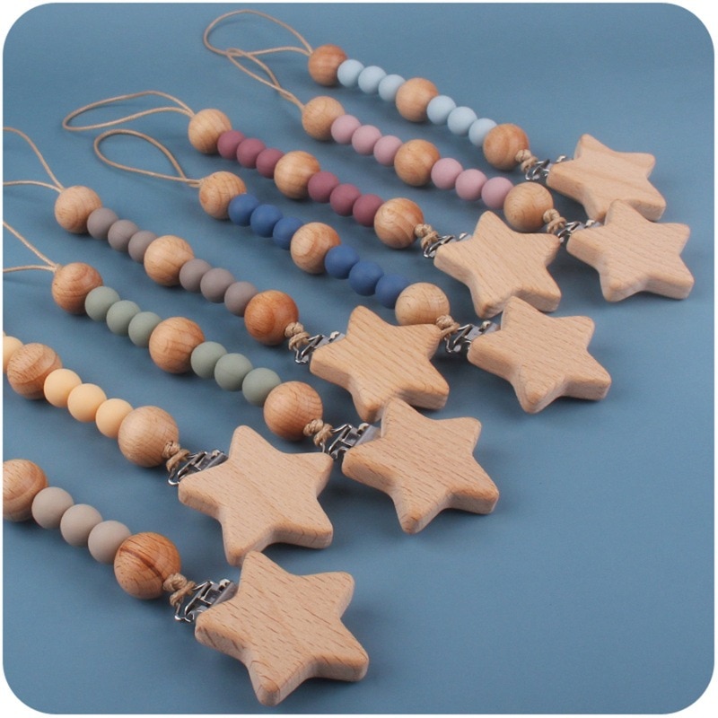 Beech Wood Chew Beads Pacifier Clips Dummy Chain Holder Cute Soother Chains Nipple Appease Baby Teething Toy Baby Chew