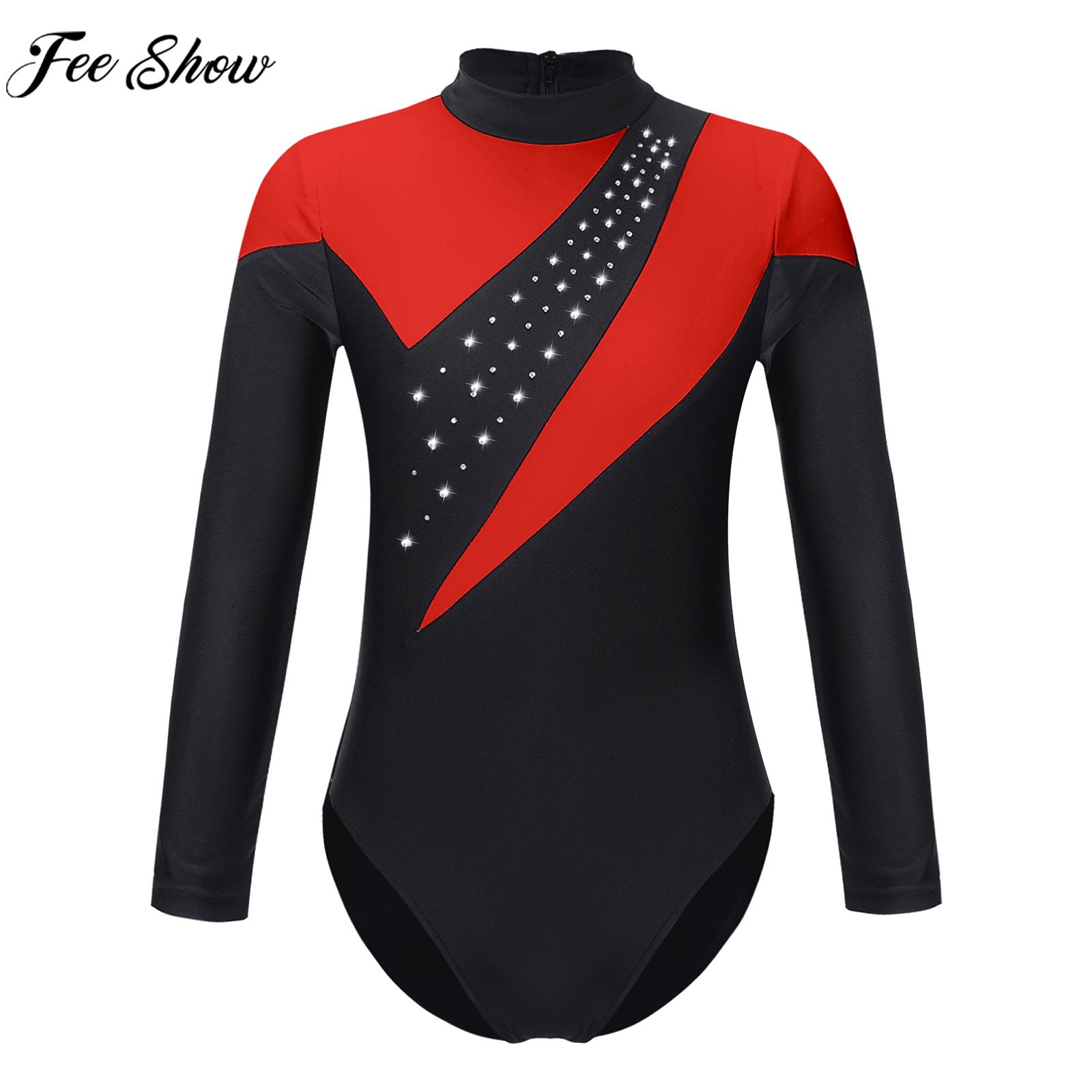 Teens Girls Ballet Dance Leotard Figure Skating Stage Performance Costume Long Sleeve Shiny Rhinestone Sport Gymnastics Bodysuit