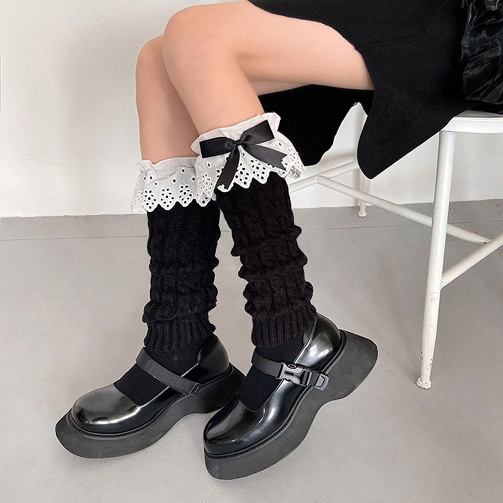 Autumn Winter Kawaii Women Leg Warmers Acrylic Fibres Bow Foot Cover Lolita Leg Sleeves JK Middle Tube Socks For Girls