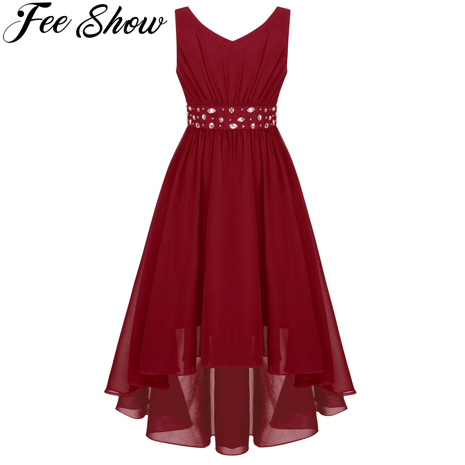 Kids Chiffon Flower Girls Dress Summer Shiny Beaded High Waist High-low Hem Princess Birthday Party Evening Bridesmaid Dresses