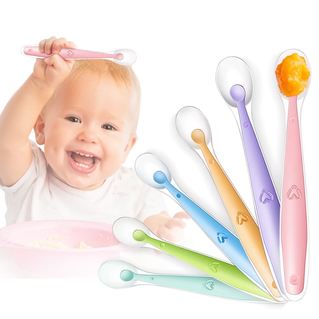 Baby Feeding Spoon Training Silicone Soft Head Tableware Temperature Sensing Food Feed Scoop Candy Color Children