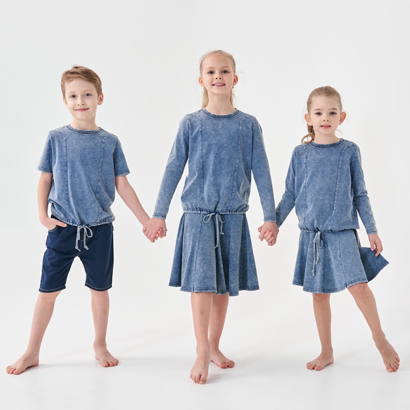 kids boys girls loose top skirt spring summer acid washed family matching clothing children fashion casual set and top clothes