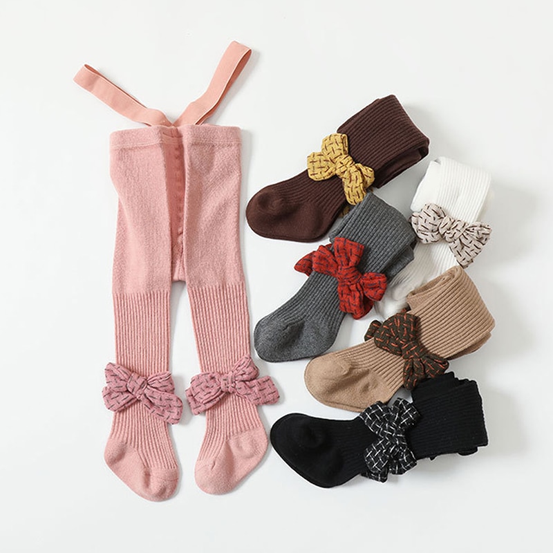 Baby Girl Knitting Tights Baby Bow Knot Openable Pantyhose Spring Fall Bow Suspender Pants for Daily Casual