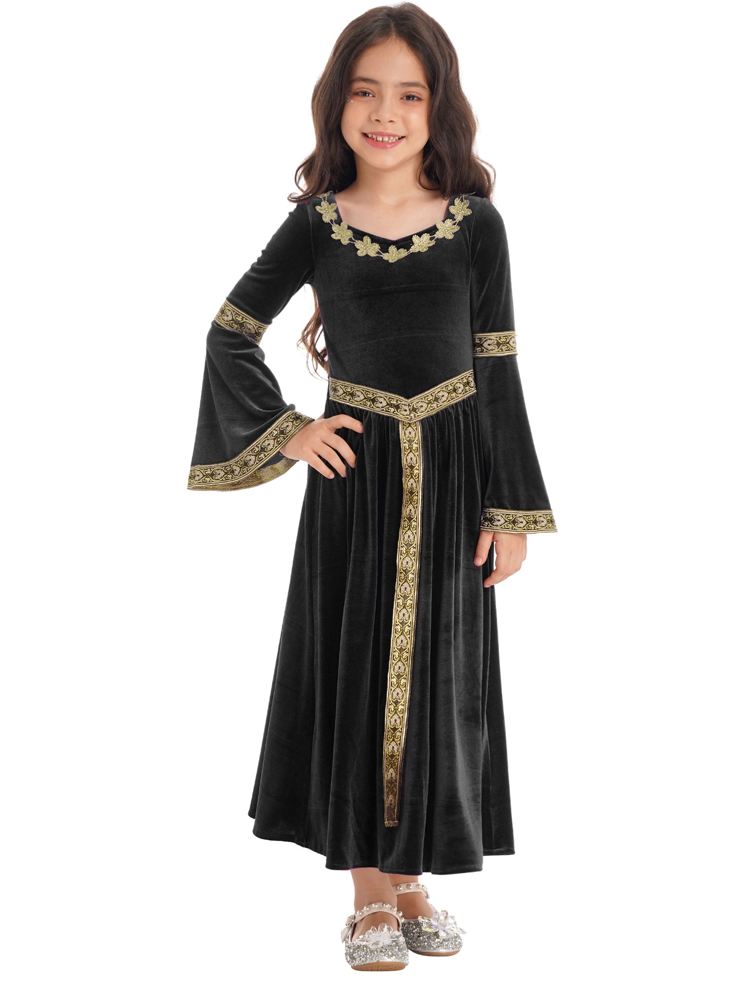 Kids Girls Medieval Princess Velvet Dress Long Flare Sleeve Retro Patterned Band Solid Color Pullover Style Dress Up Costumes