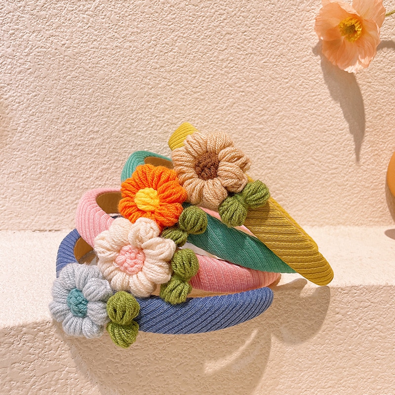 Autumn and Winter New Wool Crochet Knitting Flower Children's Hair Band Cute Candy Color Little Girl Plaid Wide Brim Headdr