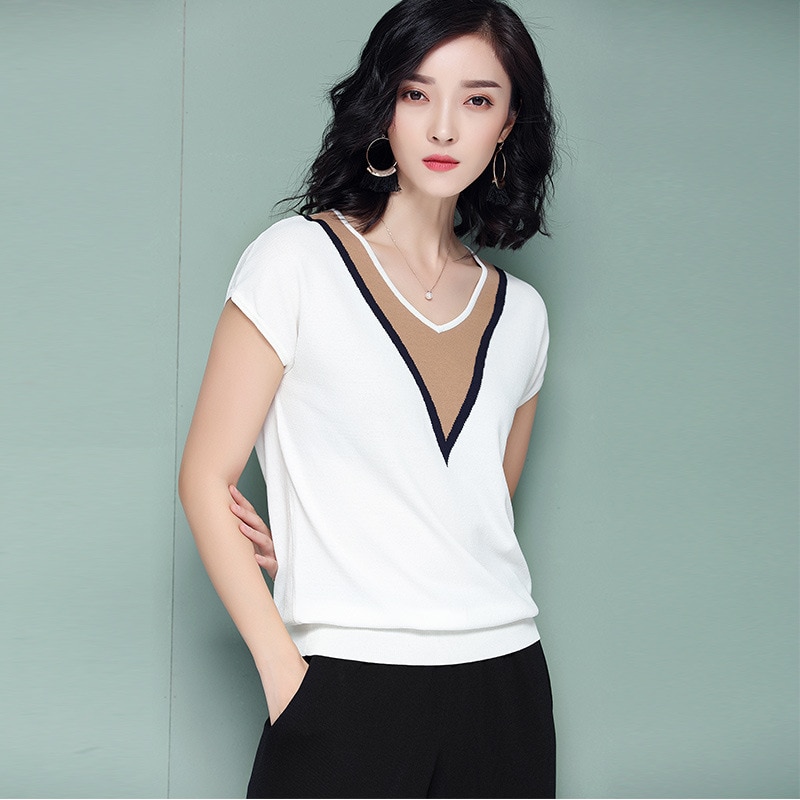 Summer Ice Silk Knitwear Women's Pregnant Women's Pullover Loose Short Sleeve White