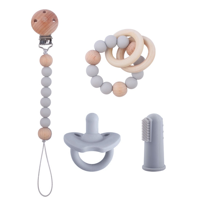4Pcs Baby Pacifier Dummy Clip Teether Toothbrush Set Newborn Accessories Silicone Beads Pacifier Clip Chain Nipple Teething Toys