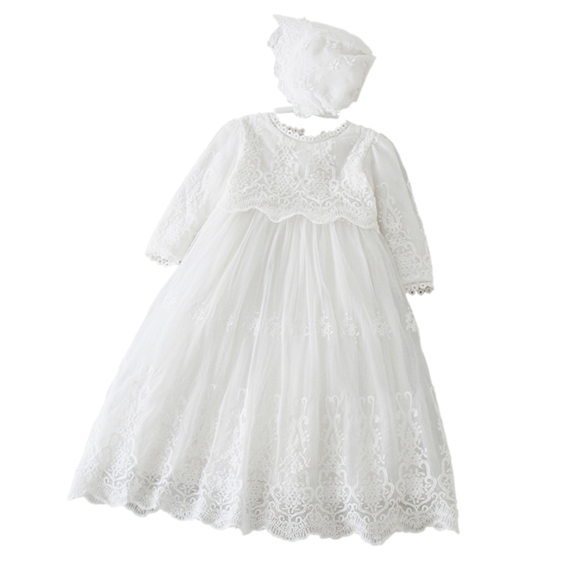 N80C Baby Girls Christening Dresses Embroidered Lace Dress & French Bonnet for Infant