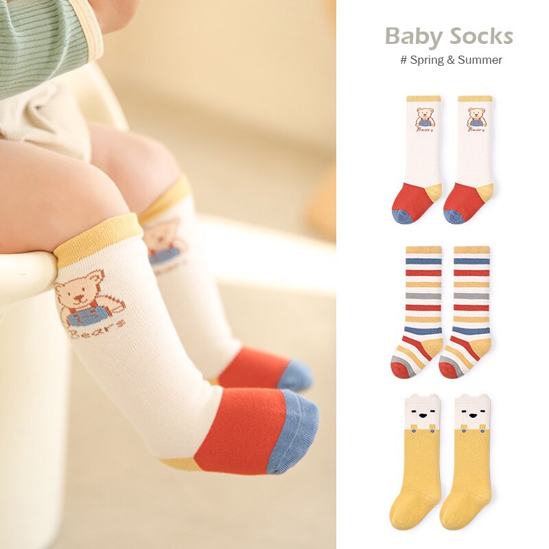 MianS 3 Pairs Little Baby Socks Newborn Infant Cotton Sock Spring Summer Soft Calf Length Cute Bear Fruit Pattern Toddlers Socks