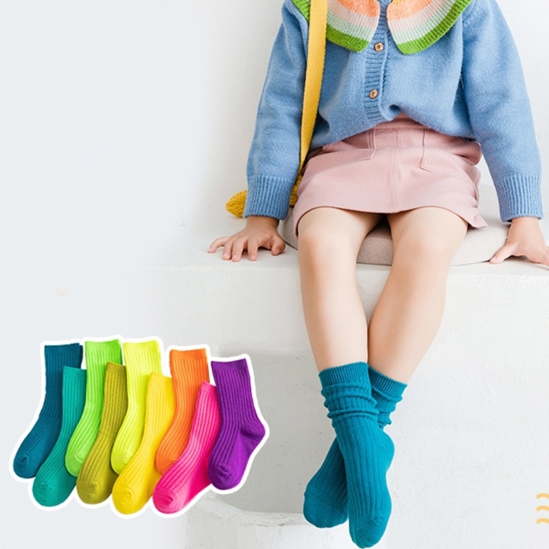 3 Pairs Toddler Socks Autumn Knee High Socks for Baby Kids Age 1-12Year Old Non-fluorescent Rainbow-Color Knitted Cotton Socks