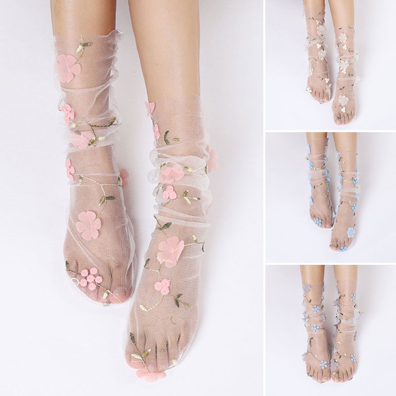 4 Colors Floral Printing Transparent Thin Lace Tulle Ankle Socks Breathable Women Spring Summer Mesh Sheer Socking One Size