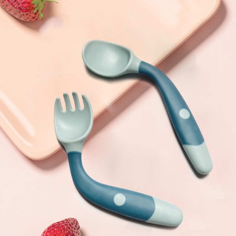 Silicone Spoon Fork for Baby Utensils Set 360 Degree Bendable Auxiliary Food Toddler Learn Eat Training Soft Infant Tableware