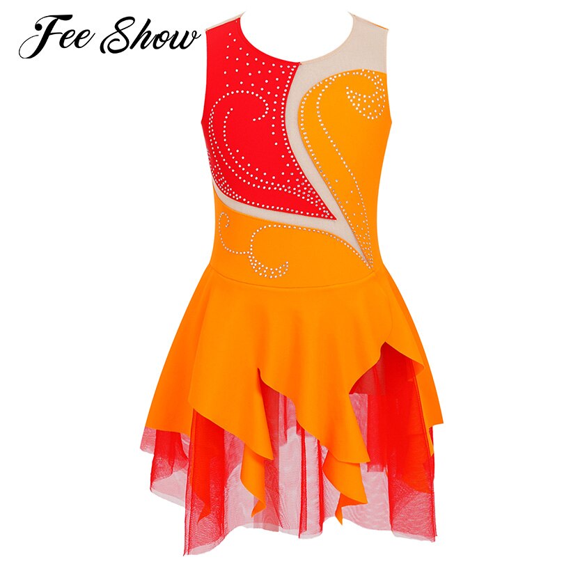 Kids Girls Ballet Leotards Dress Dancewear Sleeveless Round Neck Rhinestone Decorated Patchwork Hollow Back Skating Dance Dress