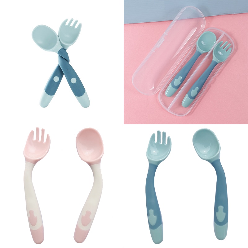 Baby Children Spoon Fork Set Toddler Training Feeding Cutlery Utensil Soft Bendable Silicone Scoop Fork Kit PP Soft Tableware