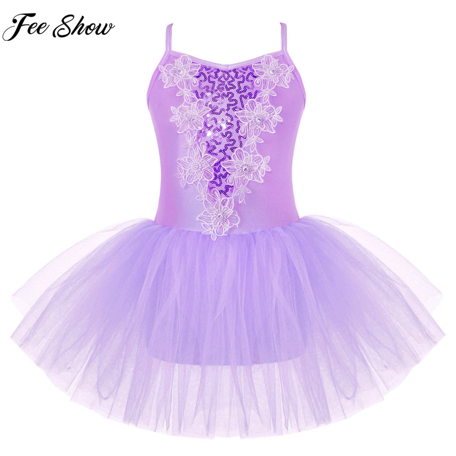 Children Girls Ballet Tutu Ballerina Stage Performance Dance Dress Sleeveless Shiny Sequins Rhinestone Floral Mesh Dancewear