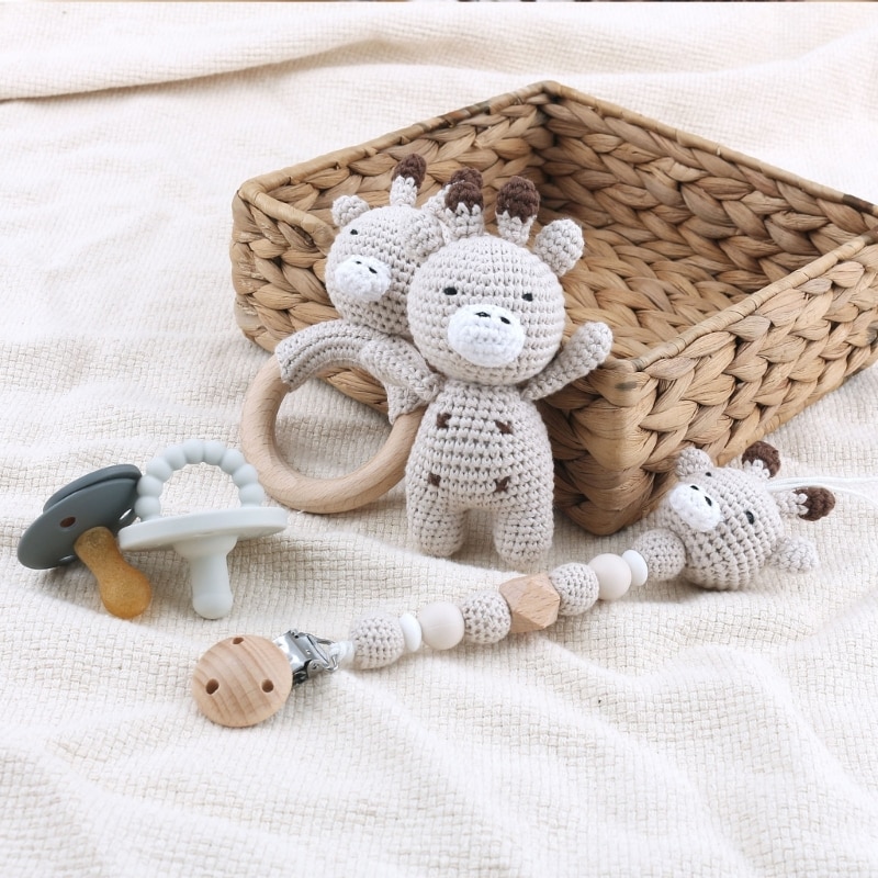 Baby Wooded Cotton Pacifier Chain Crochet Deer Animal Bell Eco-fdriendly Pacifier Clip Teething Bracelet for Newborn