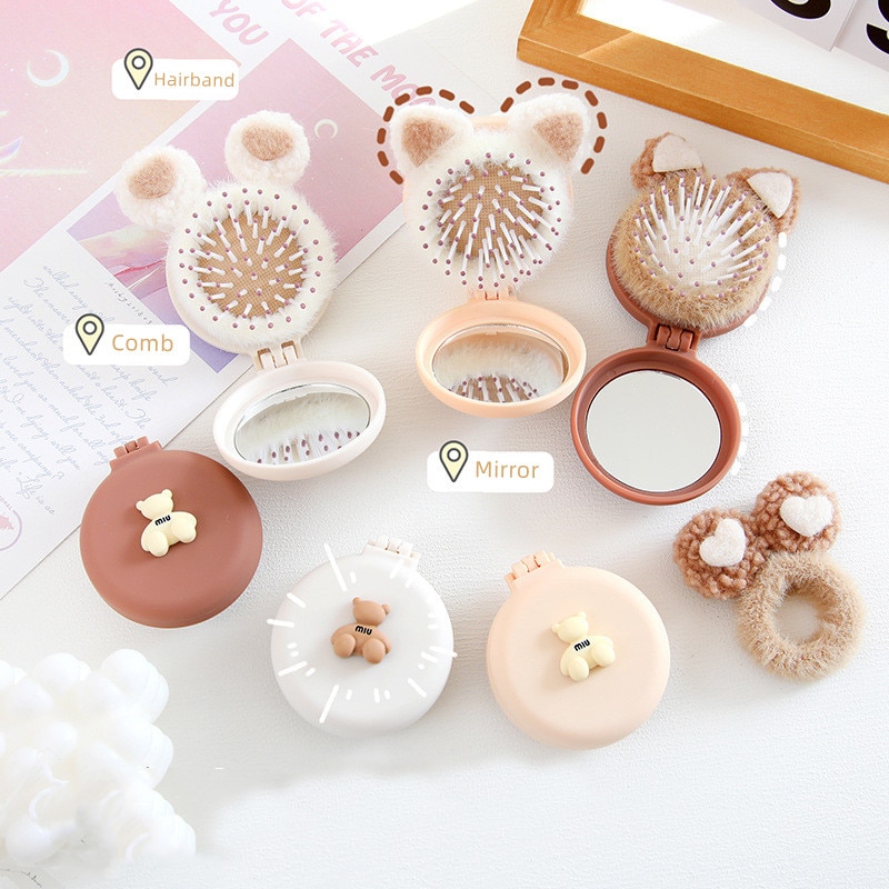 Kids Cute Hair Brushes Mini Lovely Cartoon Bear Hair Combs with Mirror for Children Girls Small Portable Massage Comb Hair Rope